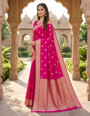 Pink soft silk blend saree with zari weaving meenakari design 3