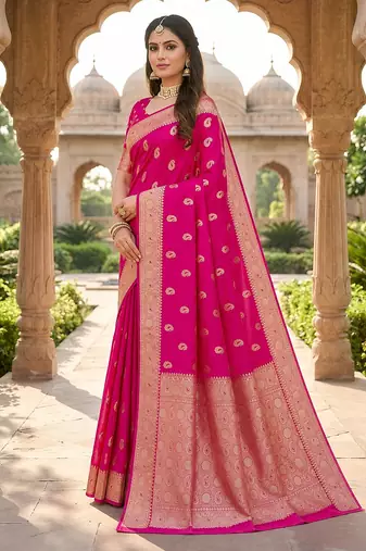 Pink soft silk blend saree with zari weaving meenakari design