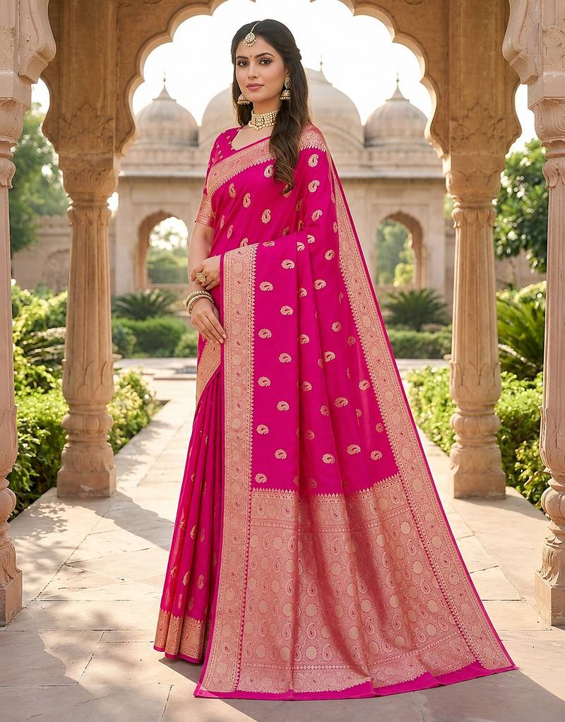 Pink soft silk blend saree with zari weaving meenakari design