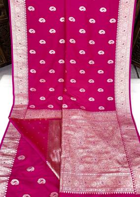 Pink soft silk blend saree with zari weaving meenakari design 4