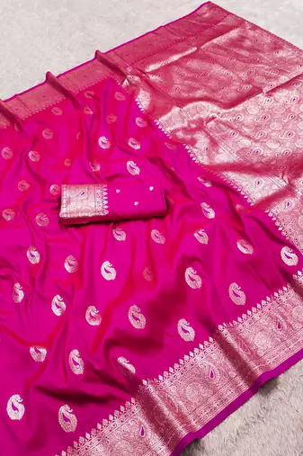Pink soft silk blend saree with zari weaving meenakari design