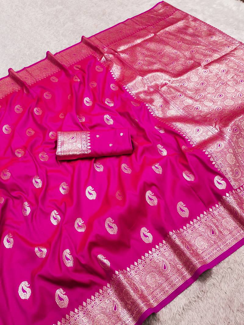 Pink soft silk blend saree with zari weaving meenakari design