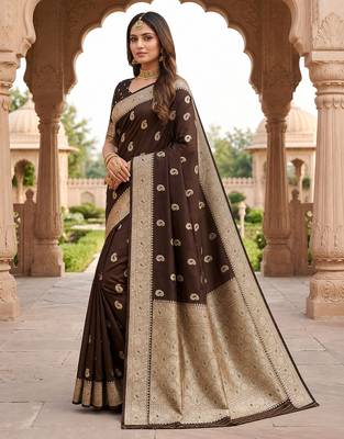 Cofee soft silk blend saree with zari weaving meenakari design 3
