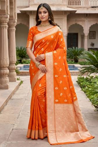 Orange soft silk blend saree with zari weaving meenakari design