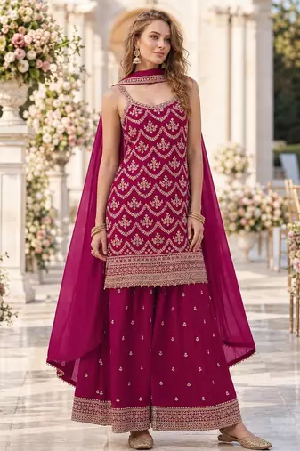Red chinon suit with embroidery & Sequin work