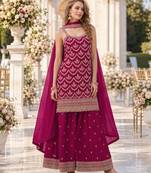 Red chinon semi stitched suit with embroidery & sequence work