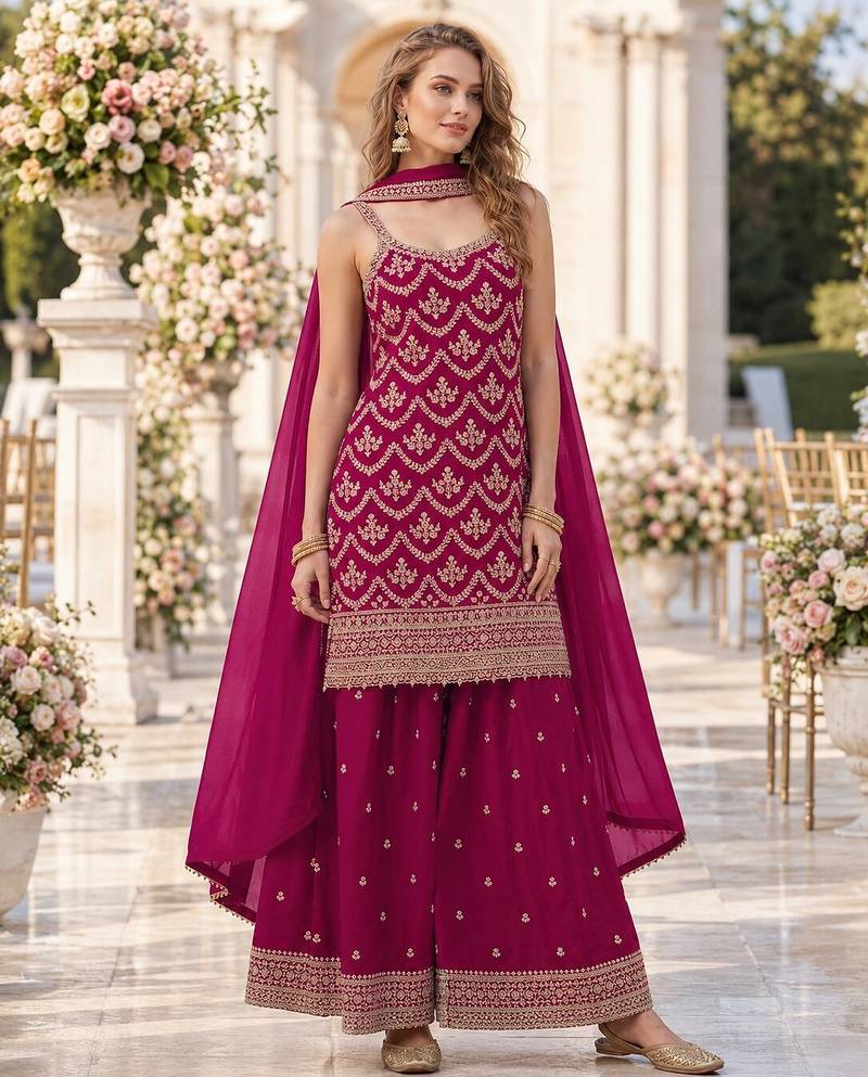 Red chinon semi stitched suit with embroidery & sequence work