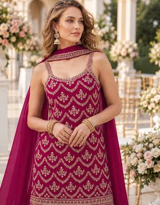 Red chinon semi stitched suit with embroidery & sequence work 2