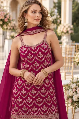 Red chinon suit with embroidery & Sequin work