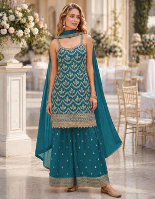 Blue chinon semi stitched suit with embroidery & sequence work 1