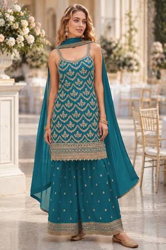 Blue chinon suit with embroidery & Sequin work