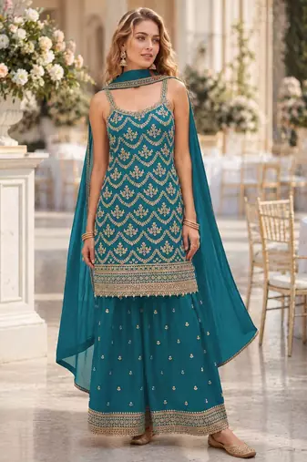 Blue chinon suit with embroidery & Sequin work