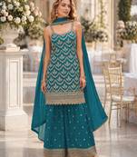 Blue chinon semi stitched suit with embroidery & sequence work