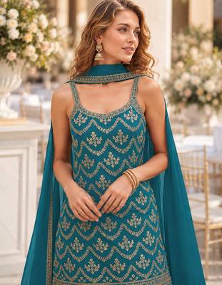 Blue chinon semi stitched suit with embroidery & sequence work 2