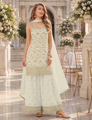 White chinon semi stitched suit with embroidery & sequence work 1