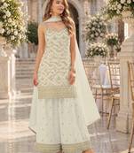 White chinon semi stitched suit with embroidery & sequence work