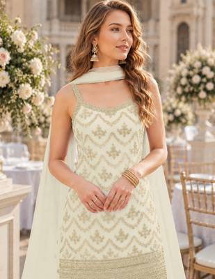 White chinon semi stitched suit with embroidery & sequence work 2