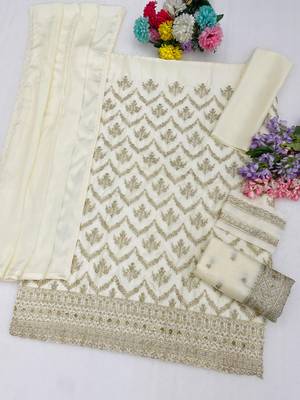 White chinon semi stitched suit with embroidery & sequence work 3