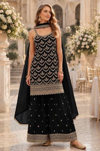 Black chinon suit with embroidery & Sequin work