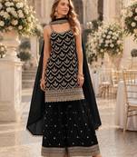 Black chinon semi stitched suit with embroidery & sequence work