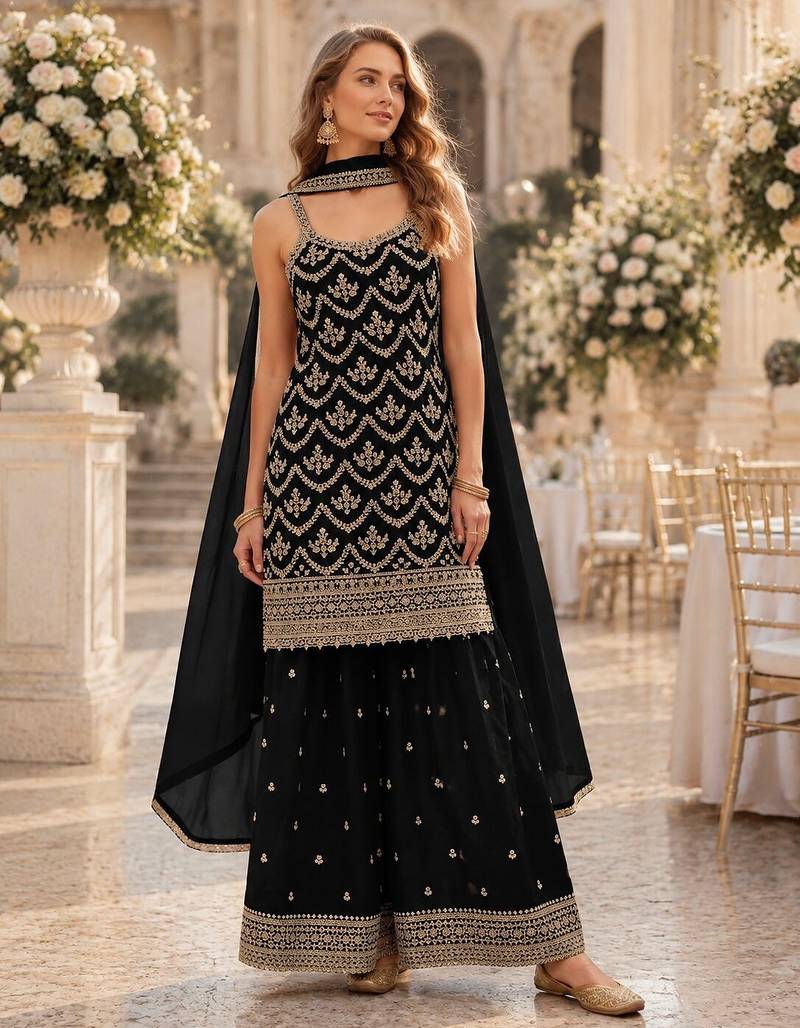 Black chinon semi stitched suit with embroidery & sequence work