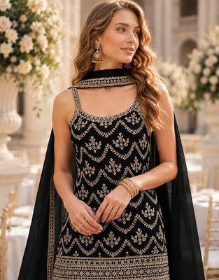 Black chinon semi stitched suit with embroidery & sequence work 2