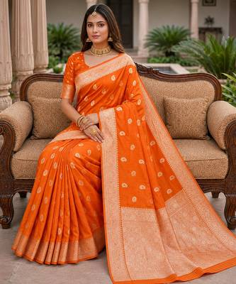 Orange soft silk blend saree with zari weaving meenakari design 2