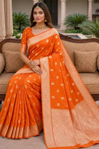 Orange soft silk blend saree with zari weaving meenakari design