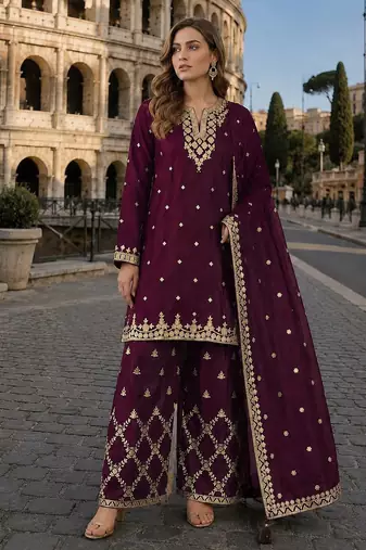 Purple chinon suit with embroidery & Sequin work