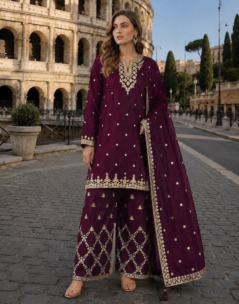 Purple chinon semi stitched suit with embroidery & sequence work