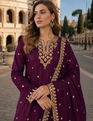 Purple chinon semi stitched suit with embroidery & sequence work 2