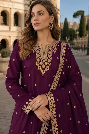Purple chinon suit with embroidery & Sequin work