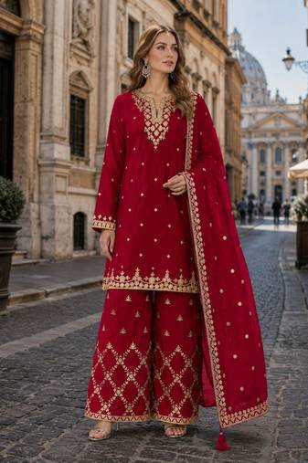 Red chinon suit with embroidery & Sequin work