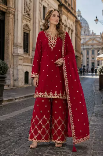 Red chinon suit with embroidery & Sequin work