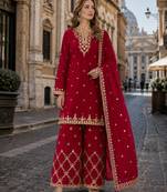 Red chinon semi stitched suit with embroidery & sequence work