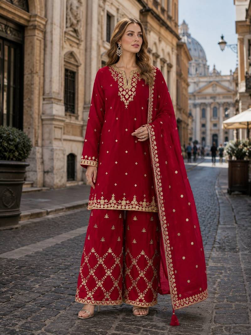Red chinon semi stitched suit with embroidery & sequence work