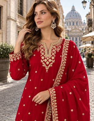 Red chinon semi stitched suit with embroidery & sequence work 2