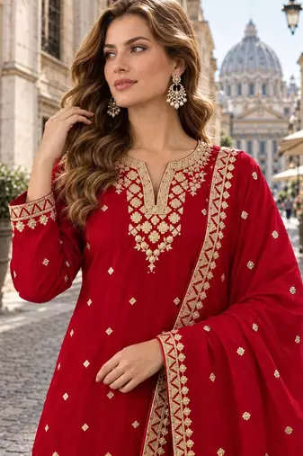 Red chinon suit with embroidery & Sequin work