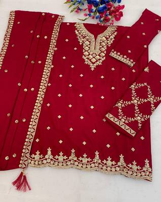 Red chinon semi stitched suit with embroidery & sequence work 3