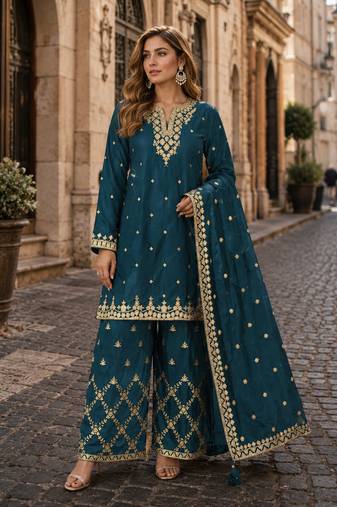 Teal blue chinon suit with embroidery & Sequin work