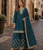 Teal blue chinon semi stitched suit with embroidery & sequence work
