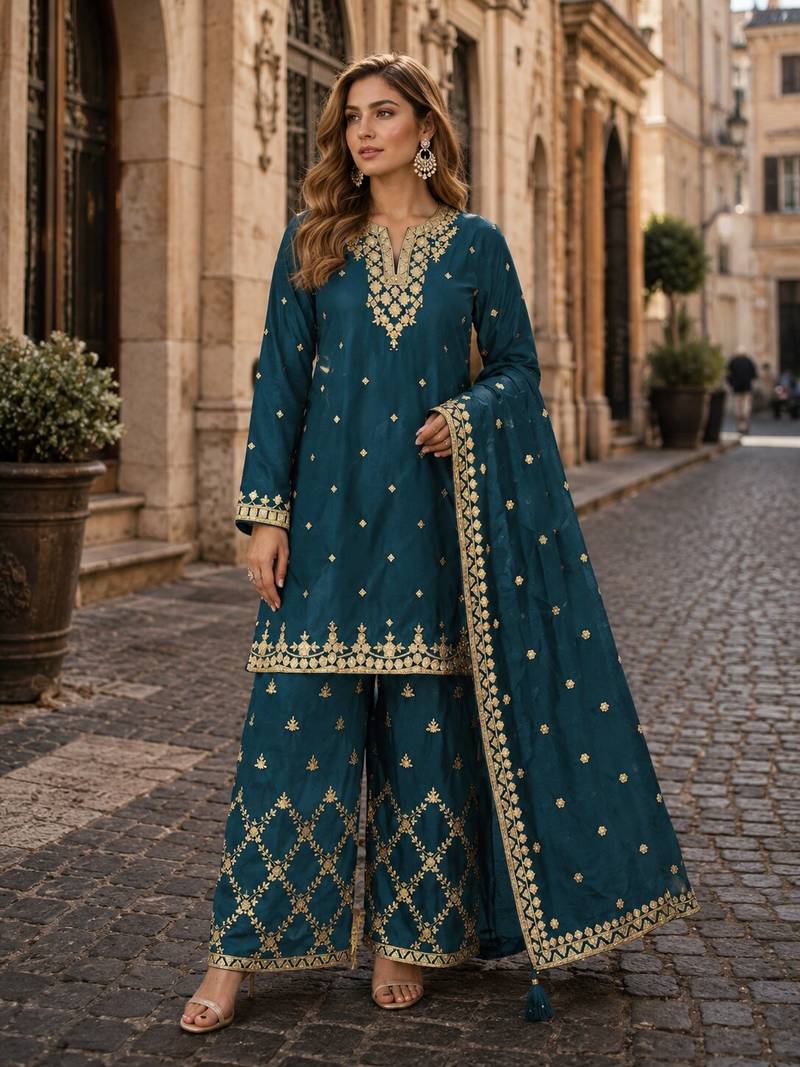 Teal blue chinon semi stitched suit with embroidery & sequence work