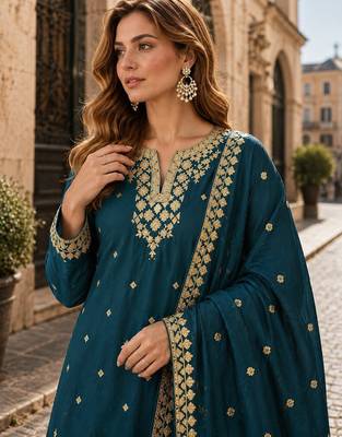 Teal blue chinon semi stitched suit with embroidery & sequence work 2