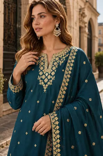 Teal blue chinon suit with embroidery & Sequin work