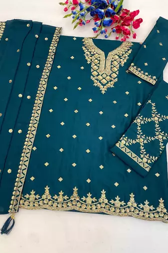 Teal blue chinon suit with embroidery & Sequin work