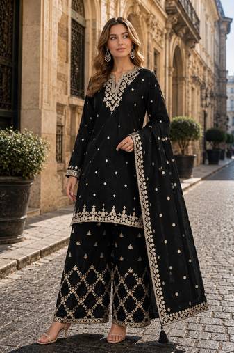 Black chinon suit with embroidery & Sequin work