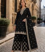Black chinon semi stitched suit with embroidery & sequence work
