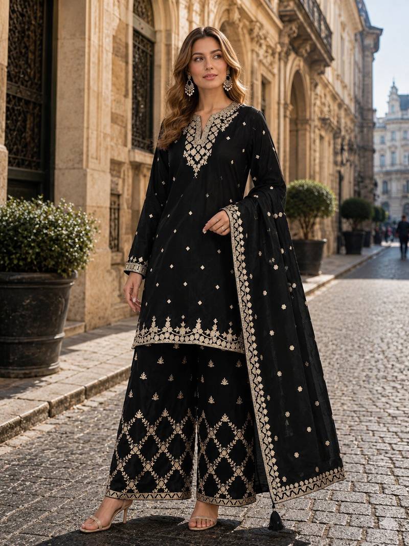 Black chinon semi stitched suit with embroidery & sequence work