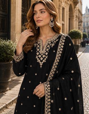 Black chinon semi stitched suit with embroidery & sequence work 2