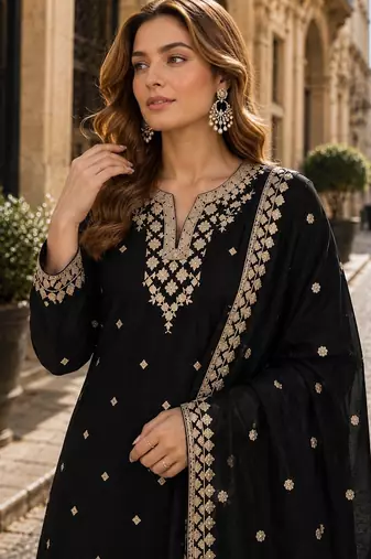 Black chinon suit with embroidery & Sequin work